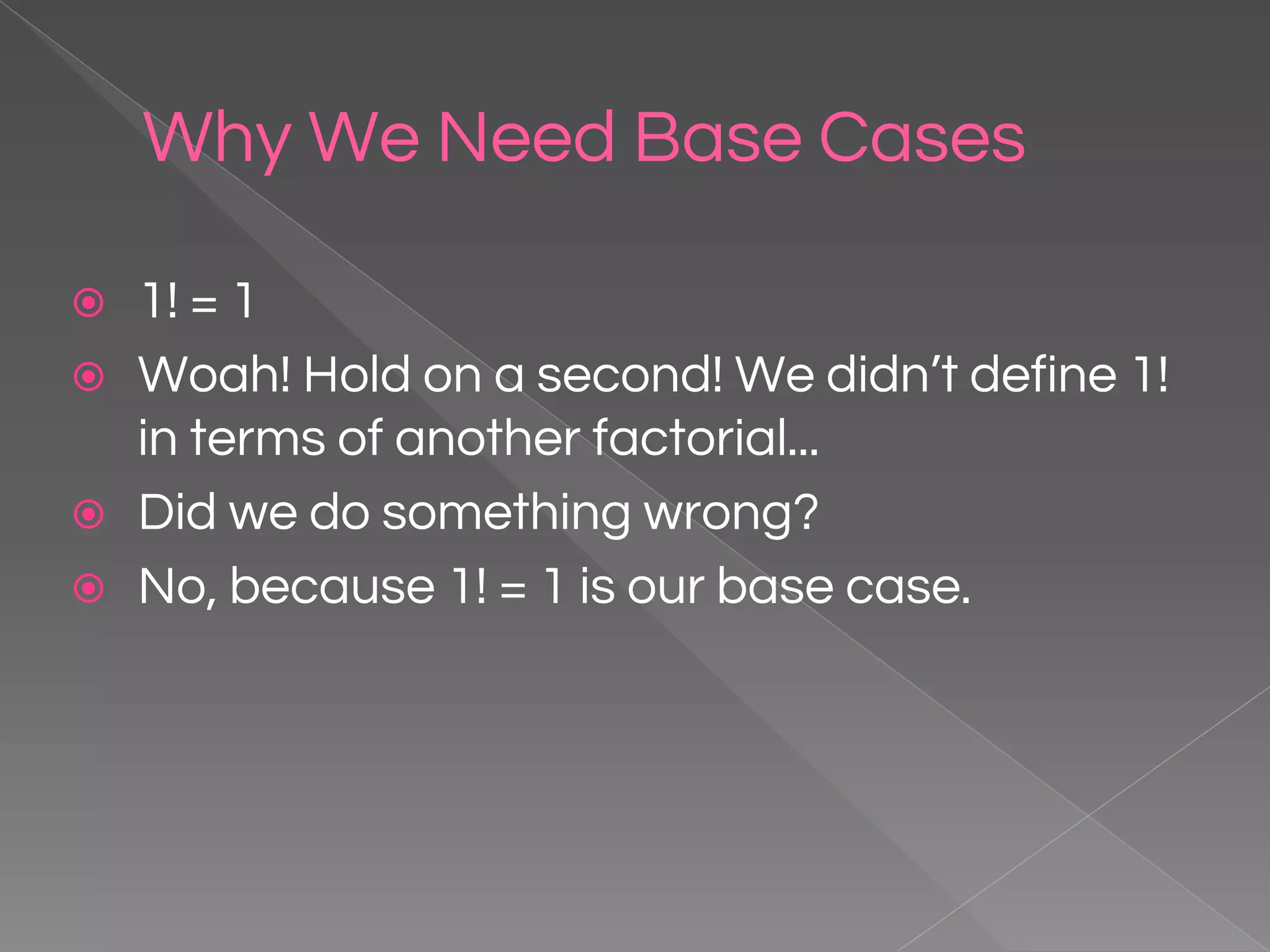Why We Need Base Cases ⦿ 1! = 1 ⦿ Woah! Hold on a second! We didn’t define 1! in terms of another factorial... ⦿ Did we do something wrong? ⦿ No, because 1! = 1 is our base case. 