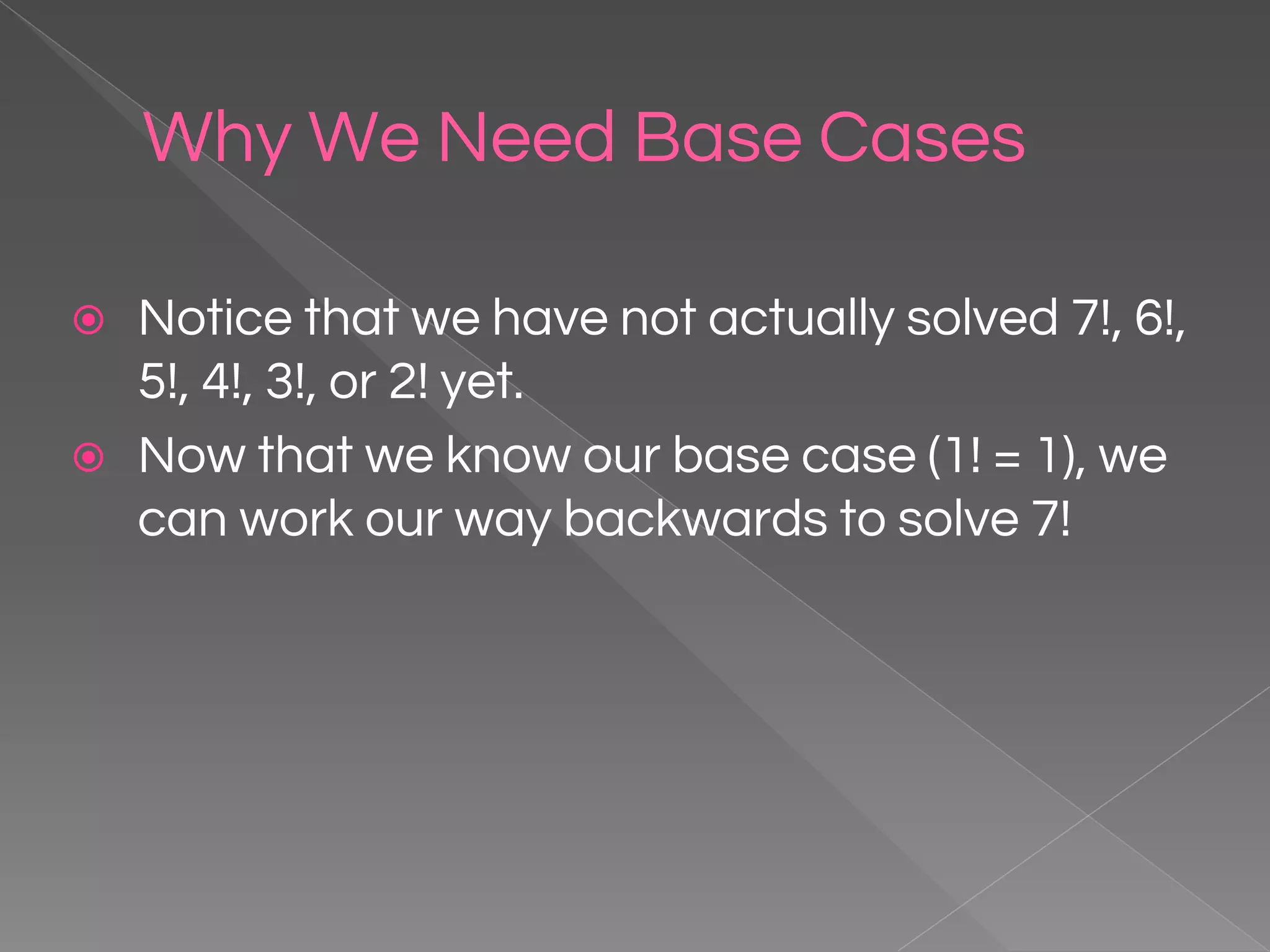 Why We Need Base Cases ⦿ Notice that we have not actually solved 7!, 6!, 5!, 4!, 3!, or 2! yet. ⦿ Now that we know our base case (1! = 1), we can work our way backwards to solve 7! 