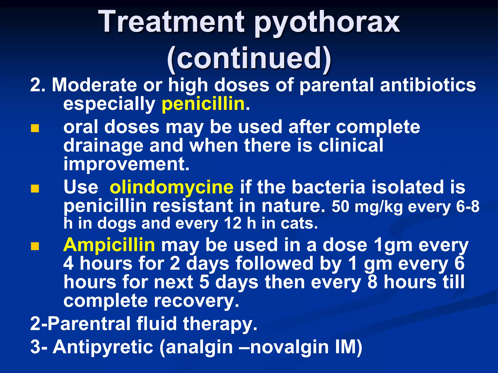 Treatment pyothorax
(continued)
2. Moderate or high doses of parental antibiotics
especially penicillin.
 oral doses may be used after complete
drainage and when there is clinical
improvement.
 Use olindomycine if the bacteria isolated is
penicillin resistant in nature. 50 mg/kg every 6-8
h in dogs and every 12 h in cats.
 Ampicillin may be used in a dose 1gm every
4 hours for 2 days followed by 1 gm every 6
hours for next 5 days then every 8 hours till
complete recovery.
2-Parentral fluid therapy.
3- Antipyretic (analgin –novalgin IM)
 