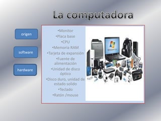 origen
software
hardware
•Monitor
•Placa base
•CPU
•Memoria RAM
•Tarjeta de expansión
•Fuente de
alimentación
•Unidad de disco
óptico
•Disco duro, unidad de
estado solido
•Teclado
•Ratón /mouse