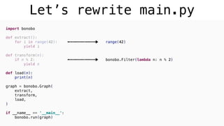 Let’s rewrite main.py
import bonobo
def extract():
for i in range(42):
yield i
def transform(n):
if n % 2:
yield n
def load(n):
print(n)
graph = bonobo.Graph(
extract,
transform,
load,
)
if __name__ == '__main__':
bonobo.run(graph)
range(42)
bonobo.Filter(lambda n: n % 2)
 