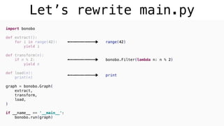 Let’s rewrite main.py
import bonobo
def extract():
for i in range(42):
yield i
def transform(n):
if n % 2:
yield n
def load(n):
print(n)
graph = bonobo.Graph(
extract,
transform,
load,
)
if __name__ == '__main__':
bonobo.run(graph)
range(42)
bonobo.Filter(lambda n: n % 2)
print
 