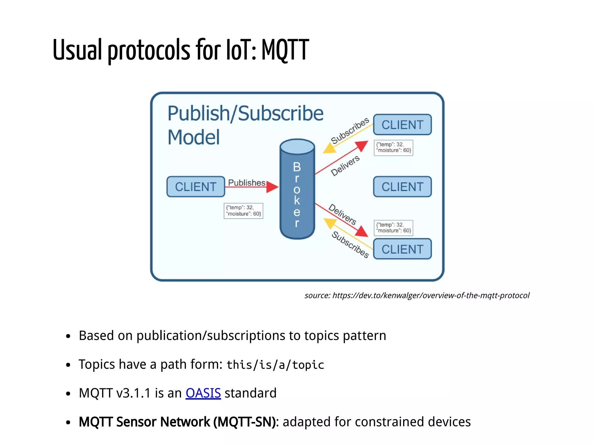 Usual protocols for IoT: MQTT Based on publication/subscriptions to topics pattern Topics have a path form: this/is/a/topic MQTT v3.1.1 is an OASIS standard MQTT Sensor Network (MQTT-SN): adapted for constrained devices source: https://dev.to/kenwalger/overview-of-the-mqtt-protocol 