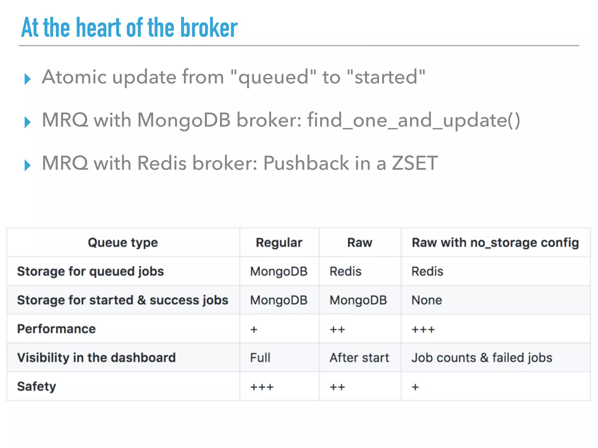 At the heart of the broker
▸ Atomic update from "queued" to "started"
▸ MRQ with MongoDB broker: ﬁnd_one_and_update()
▸ MRQ with Redis broker: Pushback in a ZSET
 