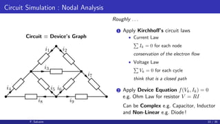 Circuit Simulation : Nodal Analysis
Circuit ≡ Device’s Graph
i1
i4
i2
i7
i3
i5 i6
i8 i9
Roughly . . .
1 Apply Kirchhoﬀ’s circuit laws
• Current Law
Ik = 0 for each node
conservation of the electron ﬂow
• Voltage Law
Vk = 0 for each cycle
think that is a closed path
2 Apply Device Equation f(Vk, Ik) = 0
e.g. Ohm Law for resistor V = RI
Can be Complex e.g. Capacitor, Inductor
and Non-Linear e.g. Diode !
F. Salvaire 10 / 35
 