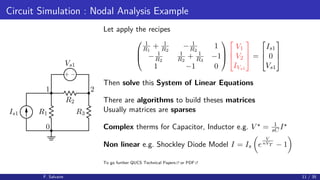 Circuit Simulation : Nodal Analysis Example
Is1
1
R1
0
R2
2
R3
−+
Vs1
Let apply the recipes



1
R1
+ 1
R2
− 1
R2
1
− 1
R2
1
R2
+ 1
R3
−1
1 −1 0






V1
V2
IVs1


 =



Is1
0
Vs1



Then solve this System of Linear Equations
There are algorithms to build theses matrices
Usually matrices are sparses
Complex therms for Capacitor, Inductor e.g. V = 1
sC I
Non linear e.g. Shockley Diode Model I = Is e
V
nVT − 1
To go further QUCS Technical Papers or PDF
F. Salvaire 11 / 35
 