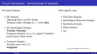 Circuit Simulation : Several kinds of analyses
Principal Analyses
• DC Analysis
Operating Point and DC Sweep
Compute node’s voltages at t = 0 cf. infra
• AC Small-Signal Analysis
Transfer Function
Frequency Analysis V (ω), cf. Laplace Transform
small means Taylor Series
• Transient Analysis
Simulate over time V (t)
Integrator
More speciﬁc ones
• Pole-Zero Analysis
• Small-Signal Distortion Analysis
• Sensitivity Analysis
• Noise Analysis
• etc.
F. Salvaire 12 / 35
To go further Ngspice Documentation
 