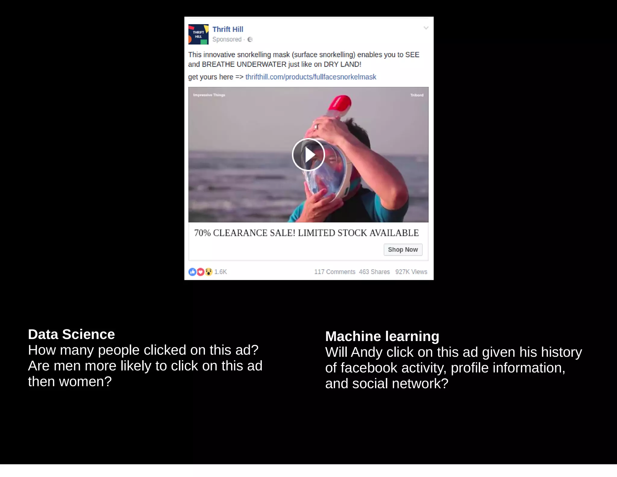 Data Science
How many people clicked on this ad?
Are men more likely to click on this ad
then women?
Machine learning
Will Andy click on this ad given his history
of facebook activity, profile information,
and social network?
 