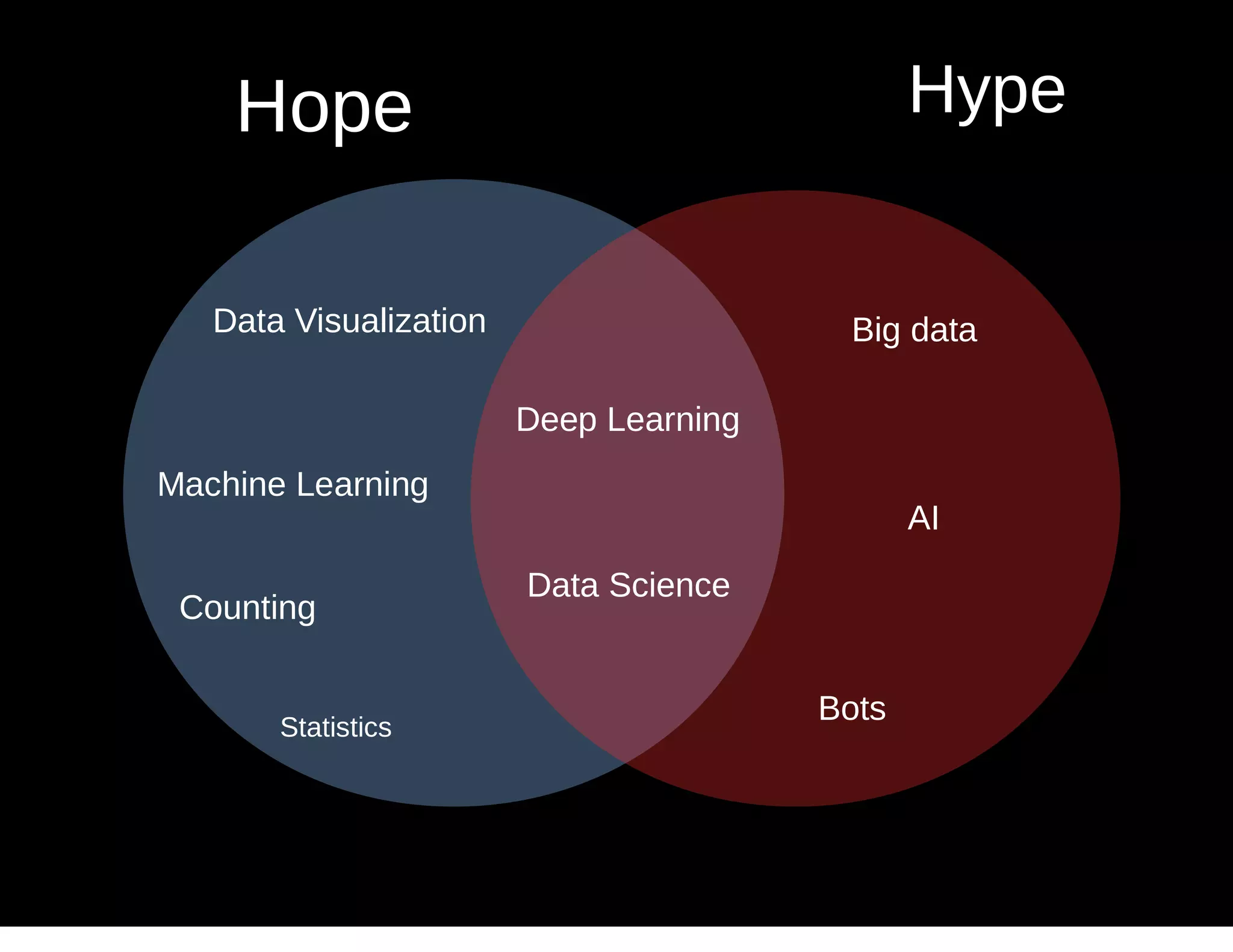 Hope Hype
Deep Learning
Big data
Machine Learning
AI
Counting
Statistics
Data Visualization
Data Science
Bots
 