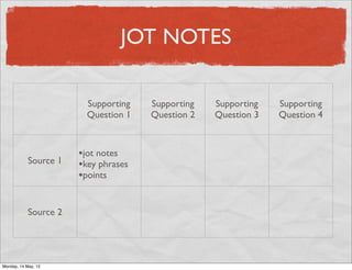 JOT NOTES

                         Supporting   Supporting   Supporting   Supporting
                         Question 1   Question 2   Question 3   Question 4



                       •jot notes
            Source 1   •key phrases
                       •points


            Source 2




Monday, 14 May, 12
 