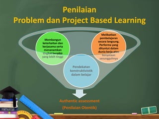 Penilaian
Problem dan Project Based Learning
                                                 Melibatkan
                                               pembelajaran
         Membangun
                                              secara langsung.
       keterkaitan dan
                                               Performa yang
       kerjasama serta
                                               dituntut dalam
        menanamkan
                                              dunia kerja atau
       tingkat berpikir
                                                  kenyataan
       yang lebih tinggi
                                               sesungguhnya

                             Pendekatan
                           konstruktivistik
                            dalam belajar




                    Authentic assessment
                       (Penilaian Otentik)
 
