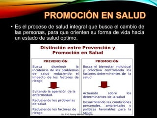 • Es el proceso de salud integral que busca el cambio de
las personas, para que orienten su forma de vida hacia
un estado de salud optimo.
 
