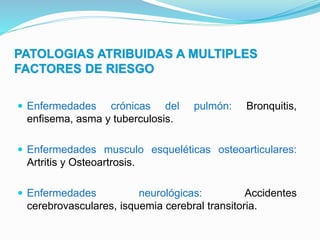 PATOLOGIAS ATRIBUIDAS A MULTIPLES
FACTORES DE RIESGO
 Enfermedades crónicas del pulmón: Bronquitis,
enfisema, asma y tuberculosis.
 Enfermedades musculo esqueléticas osteoarticulares:
Artritis y Osteoartrosis.
 Enfermedades neurológicas: Accidentes
cerebrovasculares, isquemia cerebral transitoria.
 