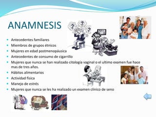 ANAMNESIS
 Antecedentes familiares
 Miembros de grupos étnicos
 Mujeres en edad postmenopáusica
 Antecedentes de consumo de cigarrillo
 Mujeres que nunca se han realizado citología vaginal o el ultimo examen fue hace
mas de tres años.
 Hábitos alimentarios
 Actividad física
 Manejo de estrés
 Mujeres que nunca se les ha realizado un examen clínico de seno
 
