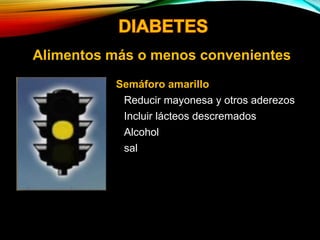 Semáforo amarillo
• Reducir mayonesa y otros aderezos
• Incluir lácteos descremados
• Alcohol
• sal
Alimentos más o menos convenientes
 