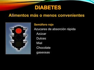 Semáforo rojo
Azucares de absorción rápida
• Azúcar
• Dulces
• Miel
• Chocolate
• gaseosas
Alimentos más o menos convenientes
 