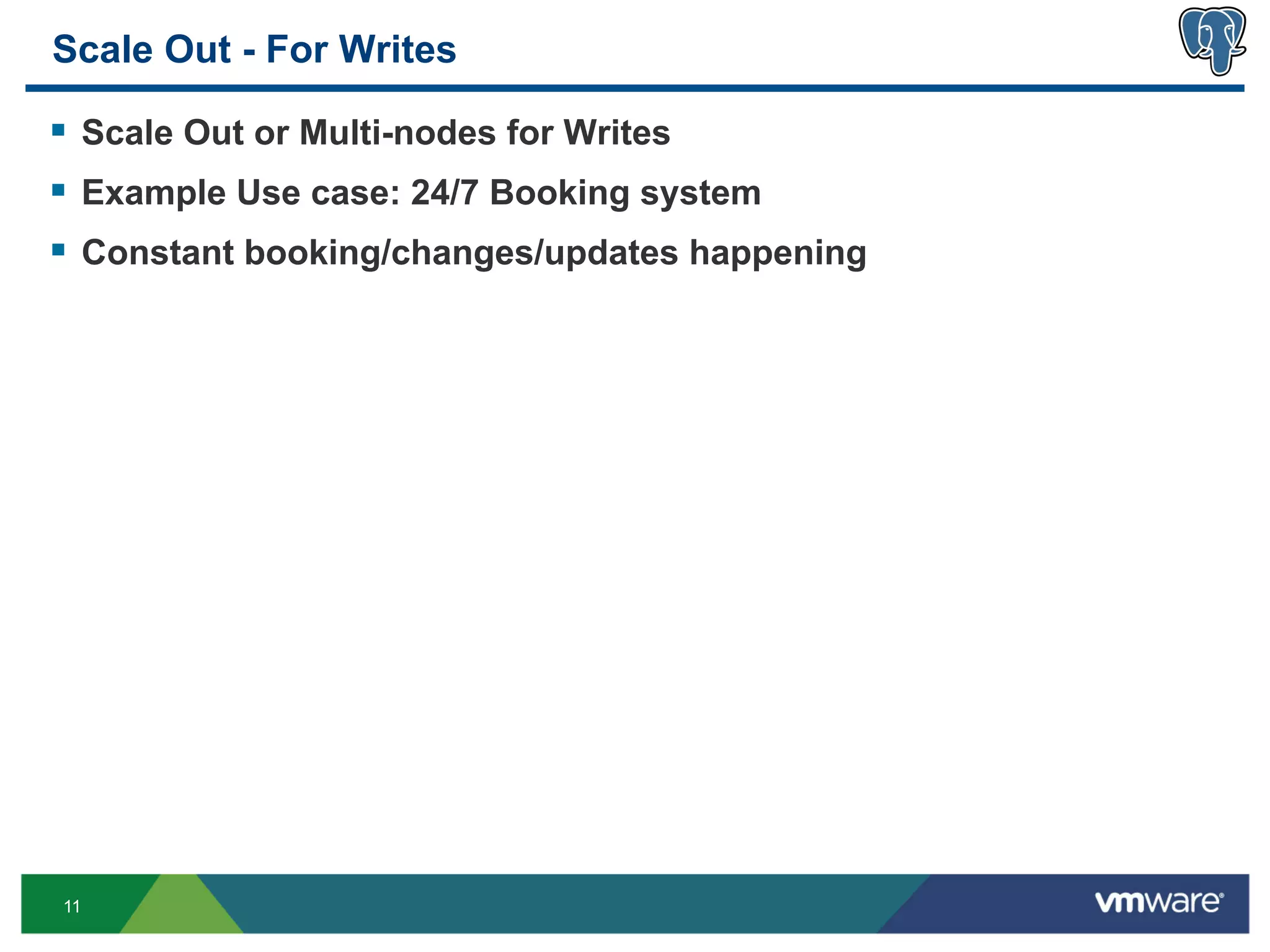 Scale Out - For Writes

§  Scale Out or Multi-nodes for Writes
§  Example Use case: 24/7 Booking system
§  Constant booking/changes/updates happening




11
 
