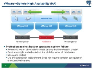 VMware vSphere High Availability (HA)




§  Protection against host or operating system failure
 •  Automatic restart of virtual machines on any available host in cluster
 •  Provides simple and reliable first line of defense for all databases
 •  Minutes to restart
 •  OS and application independent, does not require complex configuration
     or expensive licenses

16
 