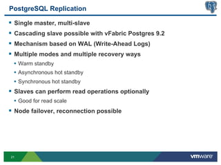 PostgreSQL Replication

§  Single master, multi-slave
§  Cascading slave possible with vFabric Postgres 9.2
§  Mechanism based on WAL (Write-Ahead Logs)
§  Multiple modes and multiple recovery ways
 •  Warm standby
 •  Asynchronous hot standby
 •  Synchronous hot standby
§  Slaves can perform read operations optionally
 •  Good for read scale
§  Node failover, reconnection possible




21
 