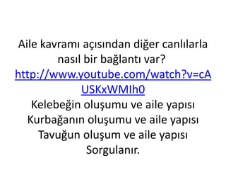 Aile kavramı açısından diğer canlılarla
         nasıl bir bağlantı var?
http://www.youtube.com/watch?v=cA
              USKxWMIh0
    Kelebeğin oluşumu ve aile yapısı
   Kurbağanın oluşumu ve aile yapısı
     Tavuğun oluşum ve aile yapısı
               Sorgulanır.
 