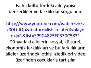 Farklı kültürlerdeki aile yapısı
 benzerlikler ve farklılıklar sorgulanır.

http://www.youtube.com/watch?v=Ez
z00LiJIQo&feature=list_related&playn
   ext=1&list=SP9C4825F0330C5831
  Dünyadaki ailelerin sosyal, kültürel,
ekonomik farklılıkları ve bu farklılıkların
aileler üzerindeki etkisi izledikleri video
      üzerinden çocuklarla tartışılır.
 