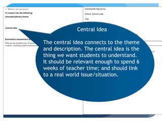 1. What is our purpose?
To inquire into the following:
transdisciplinary theme
central idea
Summative assessment task(s):
What are the possible ways of assessing students’ understanding of the central idea? What
evidence, including student-initiated actions, will we look for?
2. What do we want to learn?
What are the key concepts (form, function, causation, change, connection, perspective,
responsibility, reflection) to be emphasized within this inquiry?
What lines of inquiry will define the scope of the inquiry into the central idea?



What teacher questions/provocations will drive these inquiries?
Class/grade:Age group:
School: School code:
Title:
Teacher(s):
Date:
Proposed duration: number of hours over number of weeks
Central Idea
The central idea connects to the theme
and description. The central idea is the
thing we want students to understand.
It should be relevant enough to spend 6
weeks of teacher time; and should link
to a real world issue/situation.
 