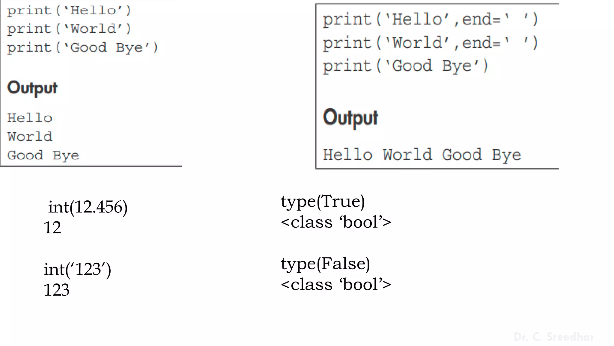 int(12.456)
12
int(‘123’)
123
type(True)
<class ‘bool’>
type(False)
<class ‘bool’>
Dr. C. Sreedhar
 