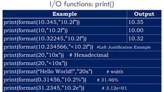 I/O functions: print()
Example Output
print(format(10.345,”10.2f”)) 10.35
print(format(10,”10.2f”)) 10.00
print(format(10.32245,”10.2f”)) 10.32
print(format(10.234566,”<10.2f”)) #Left Justification Example
print(format(20,”10x”)) # Hexadecimal
print(format(20,”<10x”))
print(format(“Hello World!”,”20s”) # width
print(format(0.31456,”10.2%”)) # 31.46%
print(format(31.2345,”10.2e”)) # 3.12e+01
 
