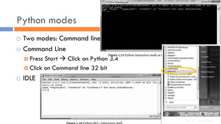 Python modes
 Two modes: Command line and IDLE
 Command Line
 Press Start  Click on Python 3.4
 Click on Command line 32 bit
 IDLE
Dr. C. Sreedhar
 