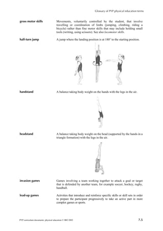 Glossary of PYP physical education terms


gross motor skills                    Movements, voluntarily controlled by the student, that involve
                                      travelling or coordination of limbs (jumping, climbing, riding a
                                      bicycle) rather than fine motor skills that may include holding small
                                      tools (writing, using scissors). See also locomotor skills.

half-turn jump                        A jump where the landing position is at 180° to the starting position.




handstand                             A balance taking body weight on the hands with the legs in the air.




headstand                             A balance taking body weight on the head (supported by the hands in a
                                      triangle formation) with the legs in the air.




invasion games                        Games involving a team working together to attack a goal or target
                                      that is defended by another team, for example soccer, hockey, rugby,
                                      handball.

lead-up games                         Activities that introduce and reinforce specific skills or skill sets in order
                                      to prepare the participant progressively to take an active part in more
                                      complex games or sports.




PYP curriculum documents: physical education © IBO 2003                                                         7.5
 