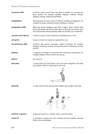 Glossary of PYP physical education terms


locomotor skills              Activities used to travel from one place to another or to project the
                              body upward, for example jumping, hopping, walking, running,
                              skipping, leaping, sliding and galloping.

manipulation                  Demonstration of body control or effective handling of equipment, for
                              example throwing, catching, kicking, dribbling or striking.

manipulative skills           Skills that involve handling some kind of object. Most of these skills
                              involve the hands and feet but other parts of the body can also be used.
                              They help develop manual dexterity, hand–eye and foot–eye coordination.

narrative form (dance)        A dance or piece of music that has an unfolding story or idea.

net games                     Games in which two teams are separated by a net.

non-locomotor skills          Activities that involve movement without travelling, for example
                              bending, stretching, twisting, moving body parts or balancing. See also
                              stability.

pathway                       A sequence of changes in movements that constitutes a progression, for
                              example straight, curved, circular and zig-zag.

pattern                       See sequence.

pike jump                     A jump where the body bends at the waist then straightens with both
                              legs together lifted at a right angle to the body.




pin jump                      A jump with the arms and legs kept together and straight to the body.




rhythmic responses            A physical reaction to a rhythm, often a musical rhythm.

round off                     A cartwheel, a quarter turn and a landing with feet together, showing
                              flight in the second phase.



7.6                                                       PYP curriculum documents: physical education © IBO 2003
 
