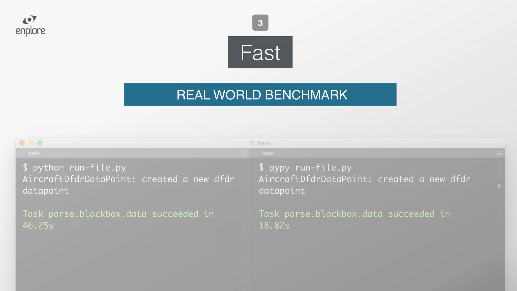 $ pypy run-file.py
AircraftDfdrDataPoint: created a new dfdr
datapoint
Task parse.blackbox.data succeeded in
18.82s
$ python run-file.py
AircraftDfdrDataPoint: created a new dfdr
datapoint
Task parse.blackbox.data succeeded in
46.25s
Fast
3
REAL WORLD BENCHMARK
 