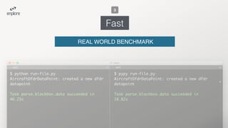 $ pypy run-file.py
AircraftDfdrDataPoint: created a new dfdr
datapoint
Task parse.blackbox.data succeeded in
18.82s
$ python run-file.py
AircraftDfdrDataPoint: created a new dfdr
datapoint
Task parse.blackbox.data succeeded in
46.25s
Fast
3
REAL WORLD BENCHMARK
 