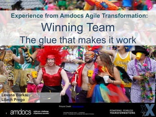 Information Security Level 1 – Confidential
© 2016 – Proprietary and Confidential Information of Amdocs1
POWERING FEARLESS
TRANSFORMATIONS
Levana Barkai
Lilach Prego
Winning Team
The glue that makes it work
Experience from Amdocs Agile Transformation:
Picture Credit : latimesphoto
 