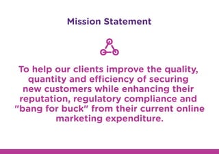 Mission Statement
To help our clients improve the quality,
quantity and efficiency of securing
new customers while enhancing their
reputation, regulatory compliance and
"bang for buck" from their current online
marketing expenditure.
 