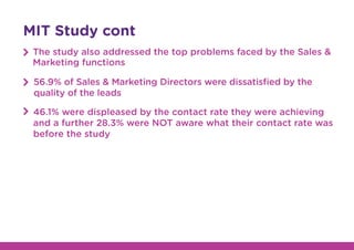 MIT Study cont
The study also addressed the top problems faced by the Sales &
Marketing functions
56.9% of Sales & Marketing Directors were dissatisﬁed by the
quality of the leads
46.1% were displeased by the contact rate they were achieving
and a further 28.3% were NOT aware what their contact rate was
before the study
 