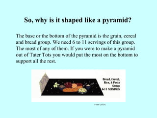So, why is it shaped like a pyramid? The base or the bottom of the pyramid is the grain, cereal and bread group. We need 6 to 11 servings of this group. The most of any of them. If you were to make a pyramid out of Tater Tots you would put the most on the bottom to support all the rest. From USDA 