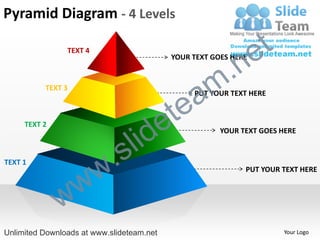 Pyramid Diagram - 4 Levels

                                                                  e t
                                                       .n
                TEXT 4
                                            YOUR TEXT GOES HERE


          TEXT 3

                                               a     m
                                             te
                                                 PUT YOUR TEXT HERE


     TEXT 2

                                   id      e
                                 l
                                                        YOUR TEXT GOES HERE



                           .   s
                         w
TEXT 1
                                                              PUT YOUR TEXT HERE



              w w
Unlimited Downloads at www.slideteam.net                                Your Logo
 