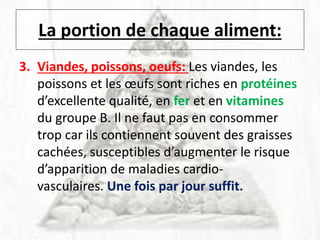 La portion de chaque aliment:
3. Viandes, poissons, oeufs: Les viandes, les
poissons et les œufs sont riches en protéines
d’excellente qualité, en fer et en vitamines
du groupe B. Il ne faut pas en consommer
trop car ils contiennent souvent des graisses
cachées, susceptibles d’augmenter le risque
d’apparition de maladies cardio-
vasculaires. Une fois par jour suffit.
 