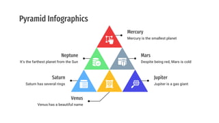 Pyramid Infographics
Despite being red, Mars is cold
Mars
Saturn has several rings
Saturn
It’s the farthest planet from the Sun
Neptune
Jupiter is a gas giant
Jupiter
Mercury is the smallest planet
Mercury
Venus has a beautiful name
Venus
 