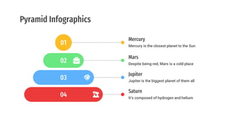 Pyramid Infographics
01 Mercury is the closest planet to the Sun
Mercury
02 Despite being red, Mars is a cold place
Mars
03 Jupiter is the biggest planet of them all
Jupiter
04 It’s composed of hydrogen and helium
Saturn
 