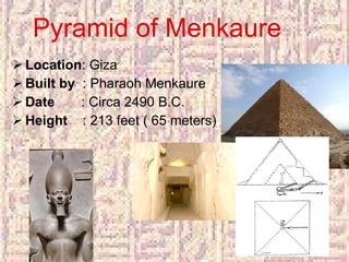 Pyramid of Menkaure Location : Giza Built by : Pharaoh Menkaure Date : Circa 2490 B.C. Height : 213 feet ( 65 meters)