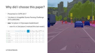 Why did I choose this paper?
• Presented in CVPR 2017
• 1st place in ImageNet Scene Parsing Challenge
2016 (ADE20K)
• was 1st place in Cityscapes leaderboard
• now it's in 2nd place (I noticed this last week!)
(c) Preferred Networks 3
 