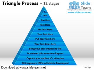 Triangle Process – 12 stages
                                 Text

                                Text

                              Text Here

                             Text Here
                           Put Text Here
                           Your Text Here
                         Put Your Text here
                        Your Text Goes here
                   Bring your presentation to life
                 Download this awesome diagram
                 Capture your audience’s attention
             All images are 100% editable in Powerpoint
Download at www.slideteam.net                             Your Logo
 