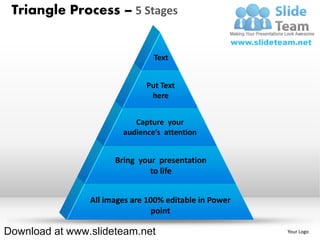 Triangle Process – 5 Stages


                                Text


                              Put Text
                               here


                           Capture your
                        audience’s attention


                      Bring your presentation
                               to life


                All images are 100% editable in Power
                                 point

Download at www.slideteam.net                           Your Logo
 