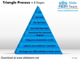 Triangle Process – 8 Stages

                                Text

                              Text Here

                           Put Text here

                        Your Text Goes here
                      Download this awesome
                             diagram

                   Bring your presentation to life

                 Capture your audience’s attention

             All images are 100% editable in Power point

Download at www.slideteam.net                              Your Logo
 