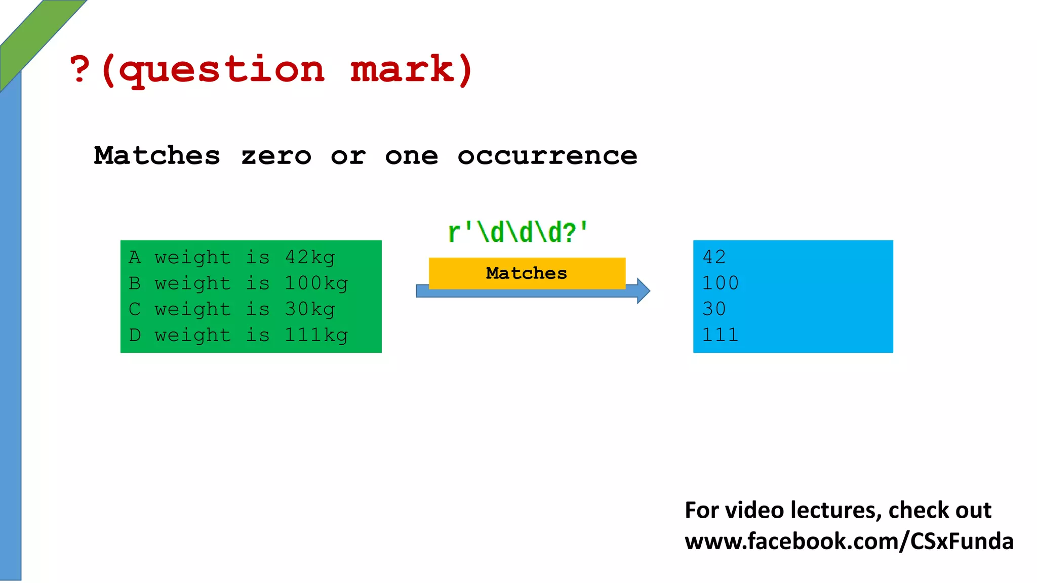 ?(question mark)
Matches zero or one occurrence
Matches
42
100
30
111
A weight is 42kg
B weight is 100kg
C weight is 30kg
D weight is 111kg
For video lectures, check out
www.facebook.com/CSxFunda
 