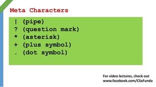 Meta Characters
| (pipe)
? (question mark)
* (asterisk)
+ (plus symbol)
. (dot symbol)
For video lectures, check out
www.facebook.com/CSxFunda
 