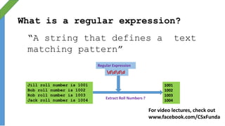 What is a regular expression?
“A string that defines a text
matching pattern”
Jill roll number is 1001
Bob roll number is 1002
Rob roll number is 1003
Jack roll number is 1004 Extract Roll Numbers ?
dddd
Regular Expression
1001
1002
1003
1004
For video lectures, check out
www.facebook.com/CSxFunda
 