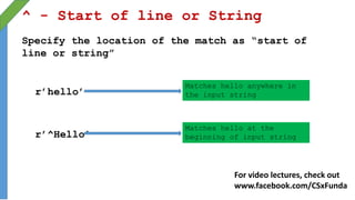 ^ - Start of line or String
Specify the location of the match as “start of
line or string”
r’^Hello’
r’hello’
Matches hello anywhere in
the input string
Matches hello at the
beginning of input string
For video lectures, check out
www.facebook.com/CSxFunda
 